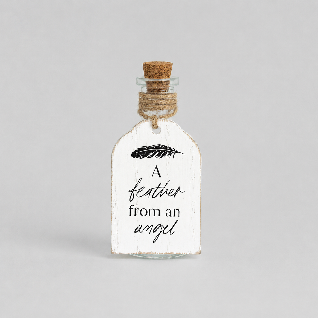 4" Wood Tag and Keepsake Container - Angel Feather displayed as a decorative home accent.