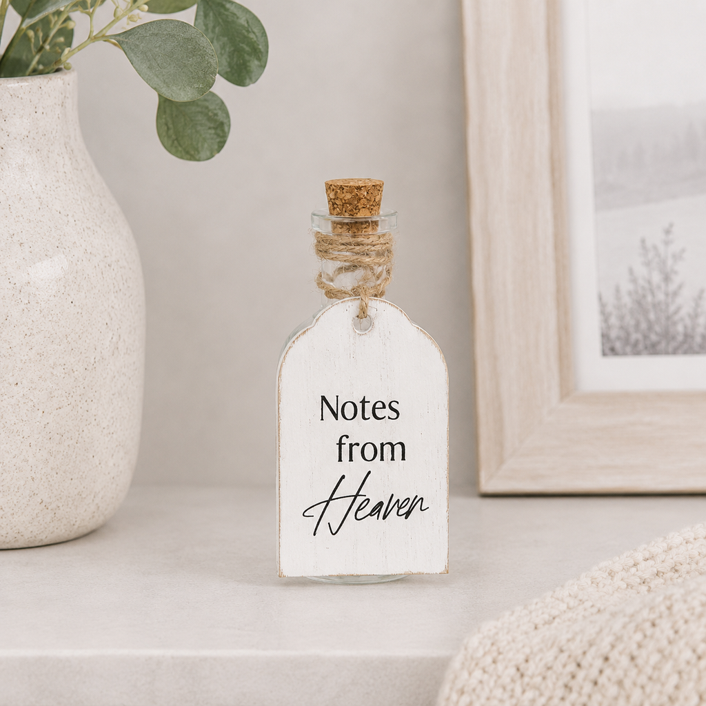 4" Wood Tag and Keepsake Container - Notes From Heaven displayed as a decorative home accent.