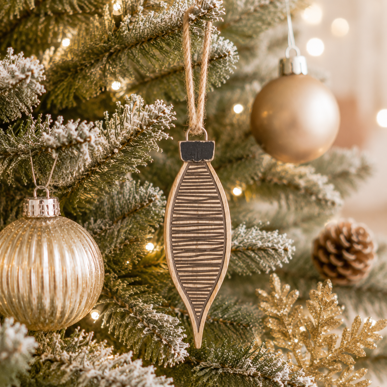 6" Wood Egg Ornament - Striped | Natural/White/Black
