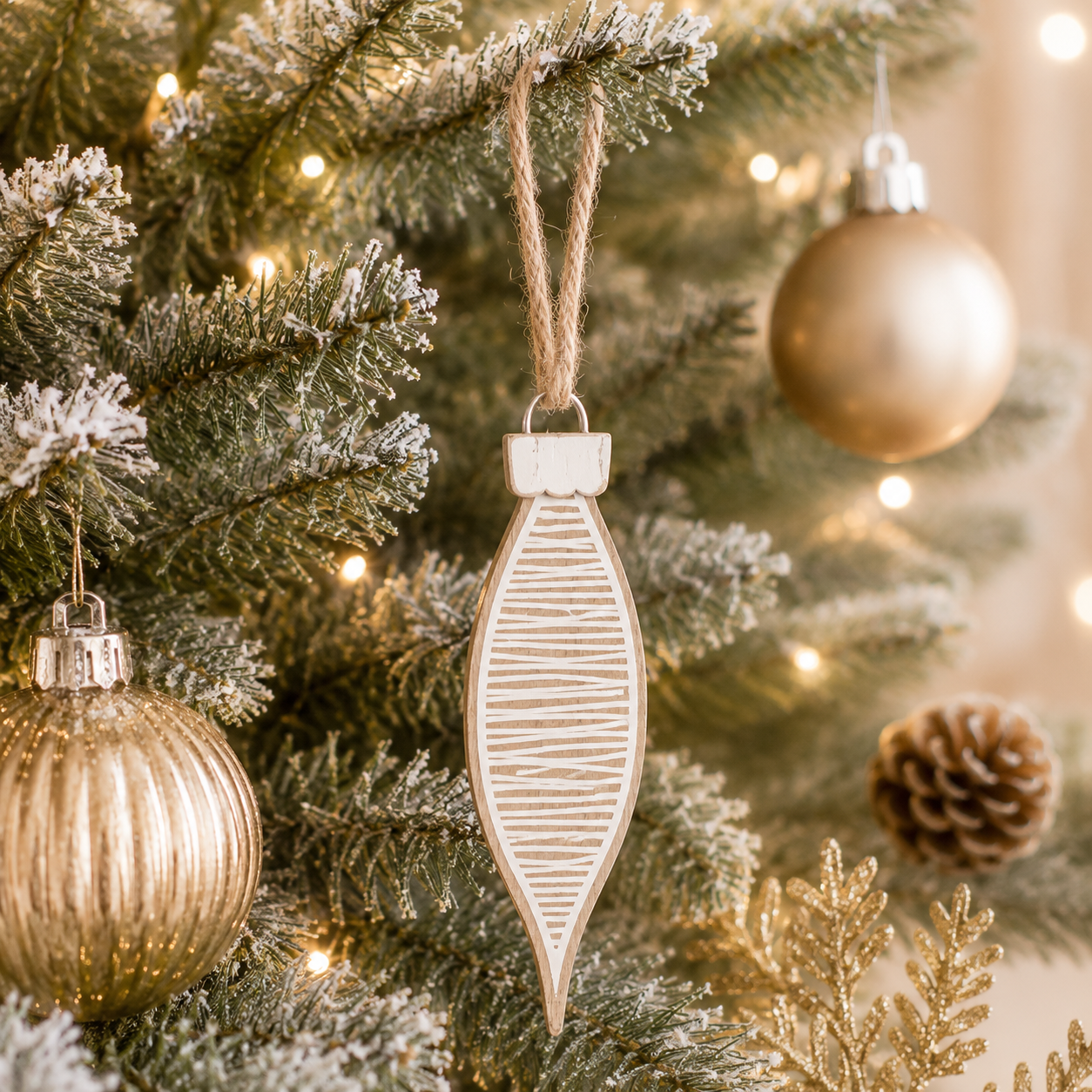 6" Wood Egg Ornament - Striped | Natural/White/Black
