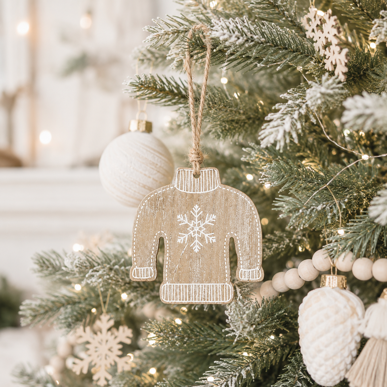 4" Wood Ornament - Sweater | Natural, White and Black