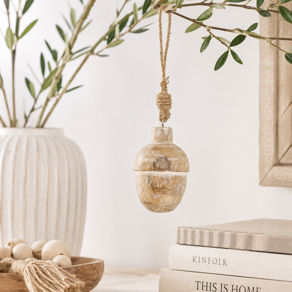 3.5" Mango Wood Ornament - Acorn | Natural and White