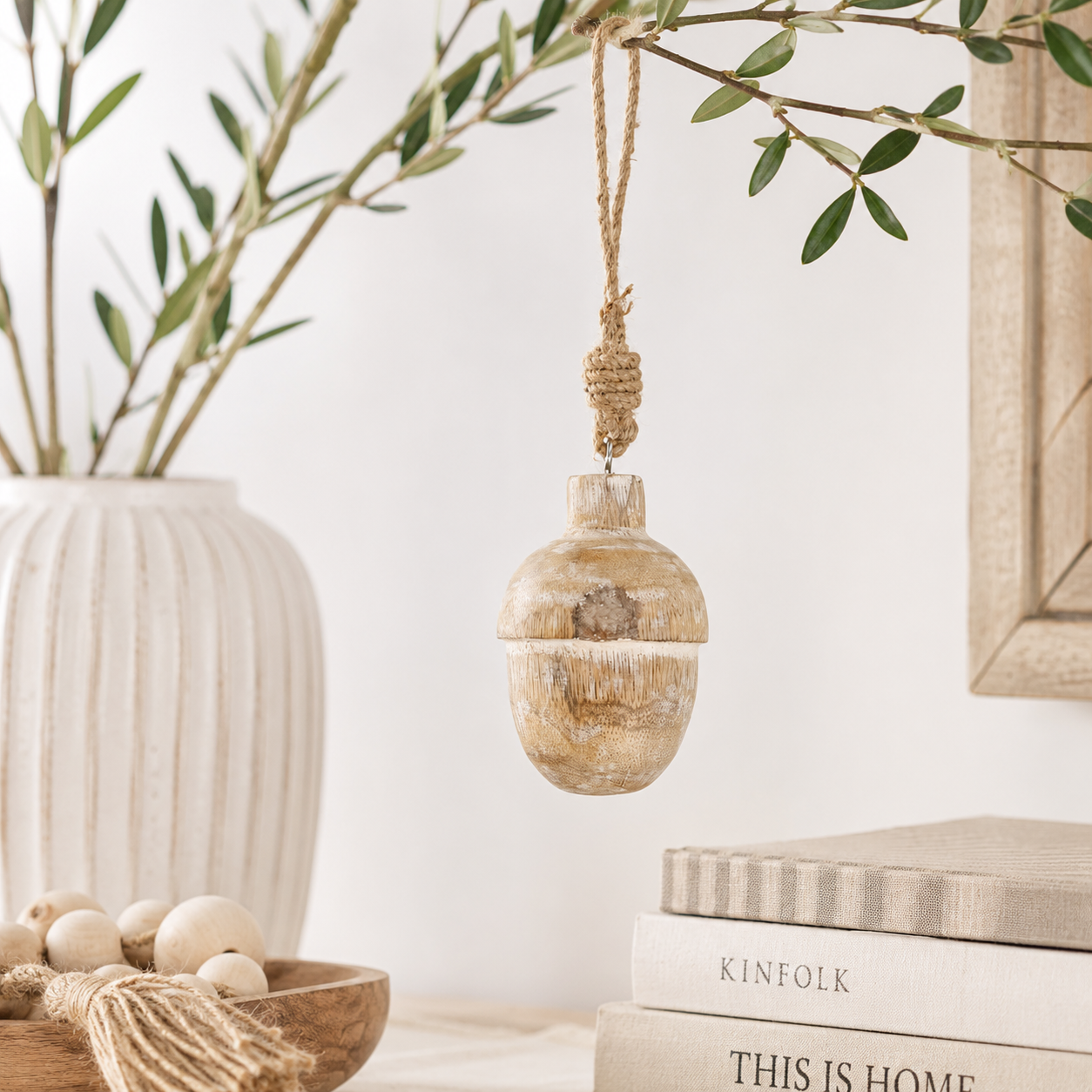 3.5" Mango Wood Ornament - Acorn | Natural and White