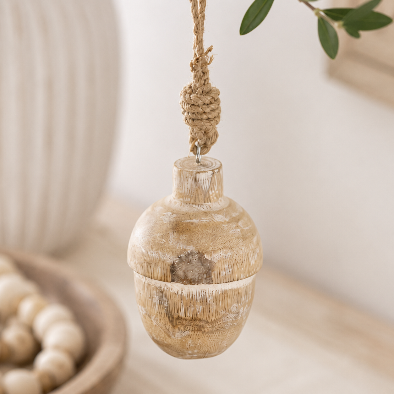 3.5" Mango Wood Ornament - Acorn | Natural and White