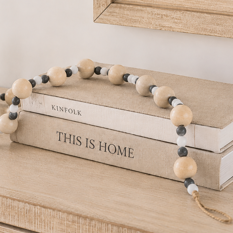 36" Wood Bead Garland - Natural, White and Gray