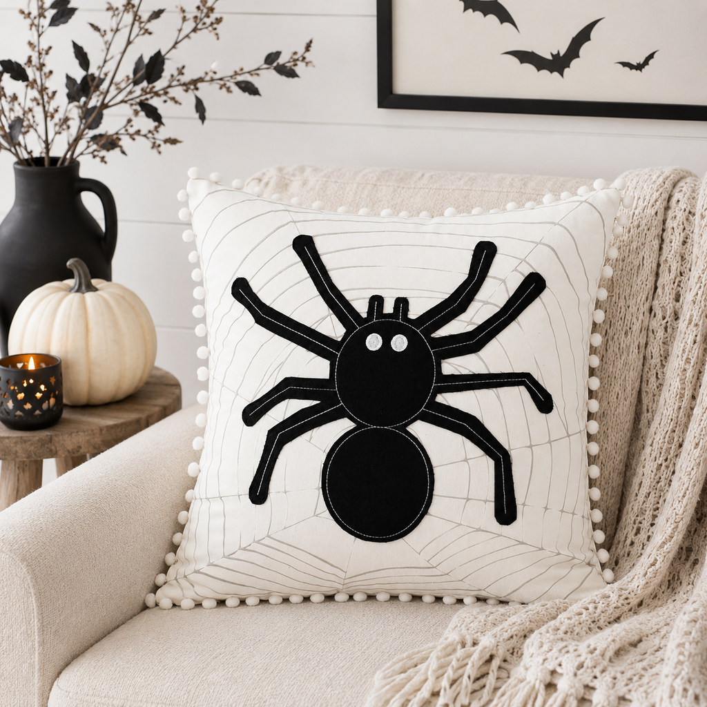 20" Reversible Linen Pillow - Spider/Snowflake | Black, White and Gray