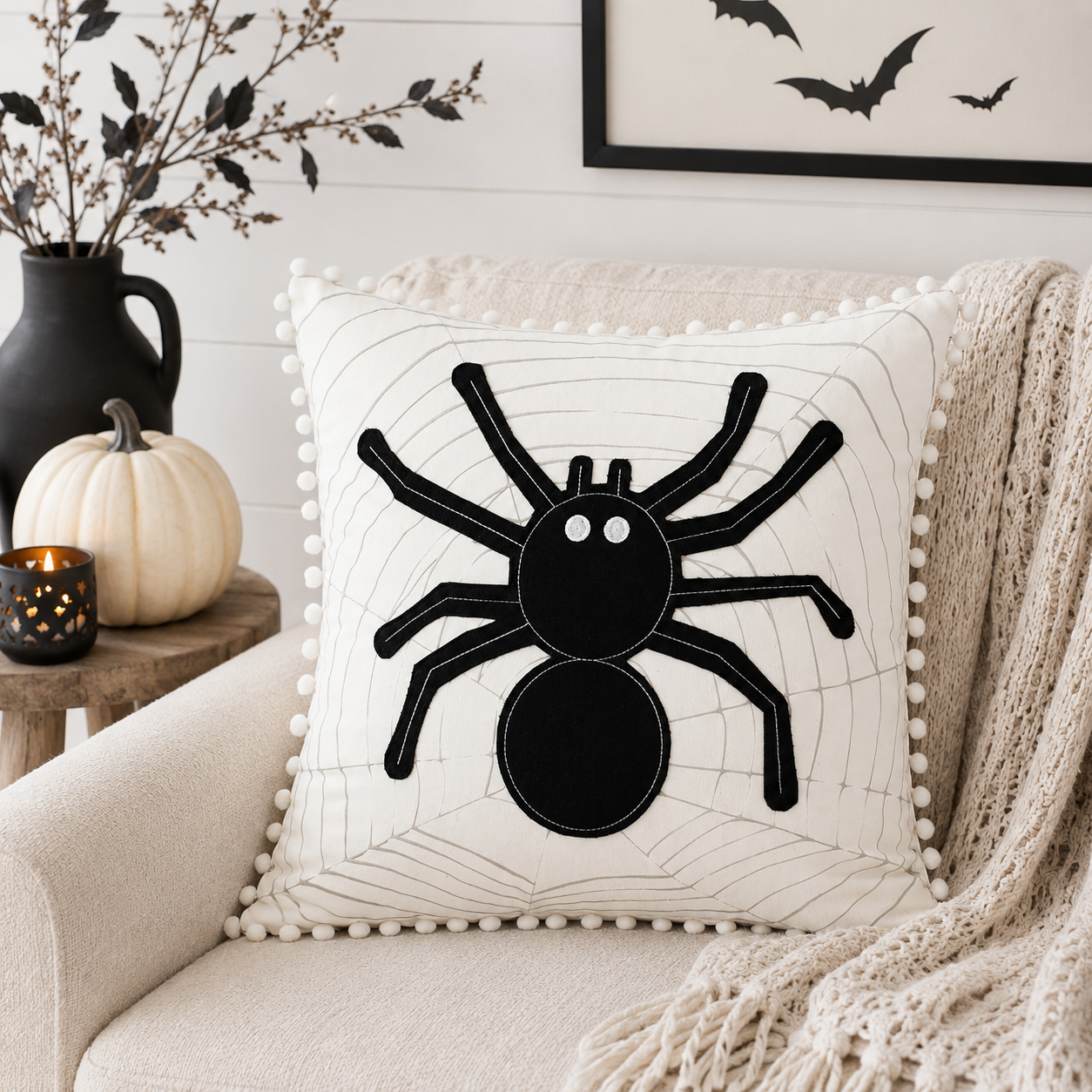 20" Reversible Linen Pillow - Spider/Snowflake | Black, White and Gray
