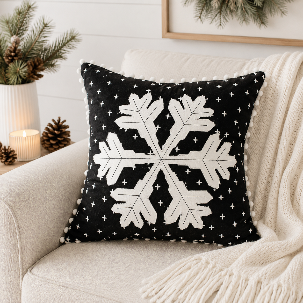 20" Reversible Linen Pillow - Spider/Snowflake | Black, White and Gray