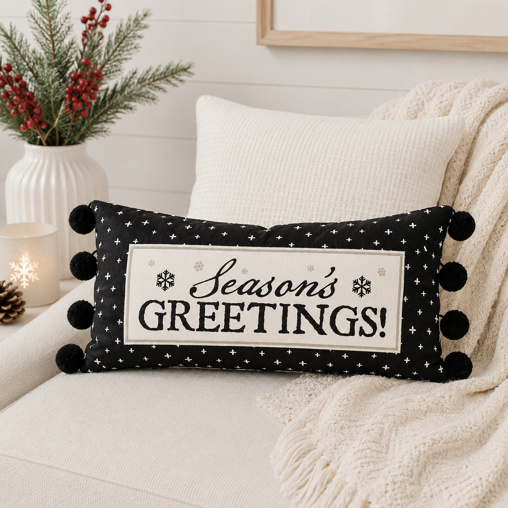 20" x 10" Reversible Linen Pillow - Screamings and Greetings | Black, White and Gray