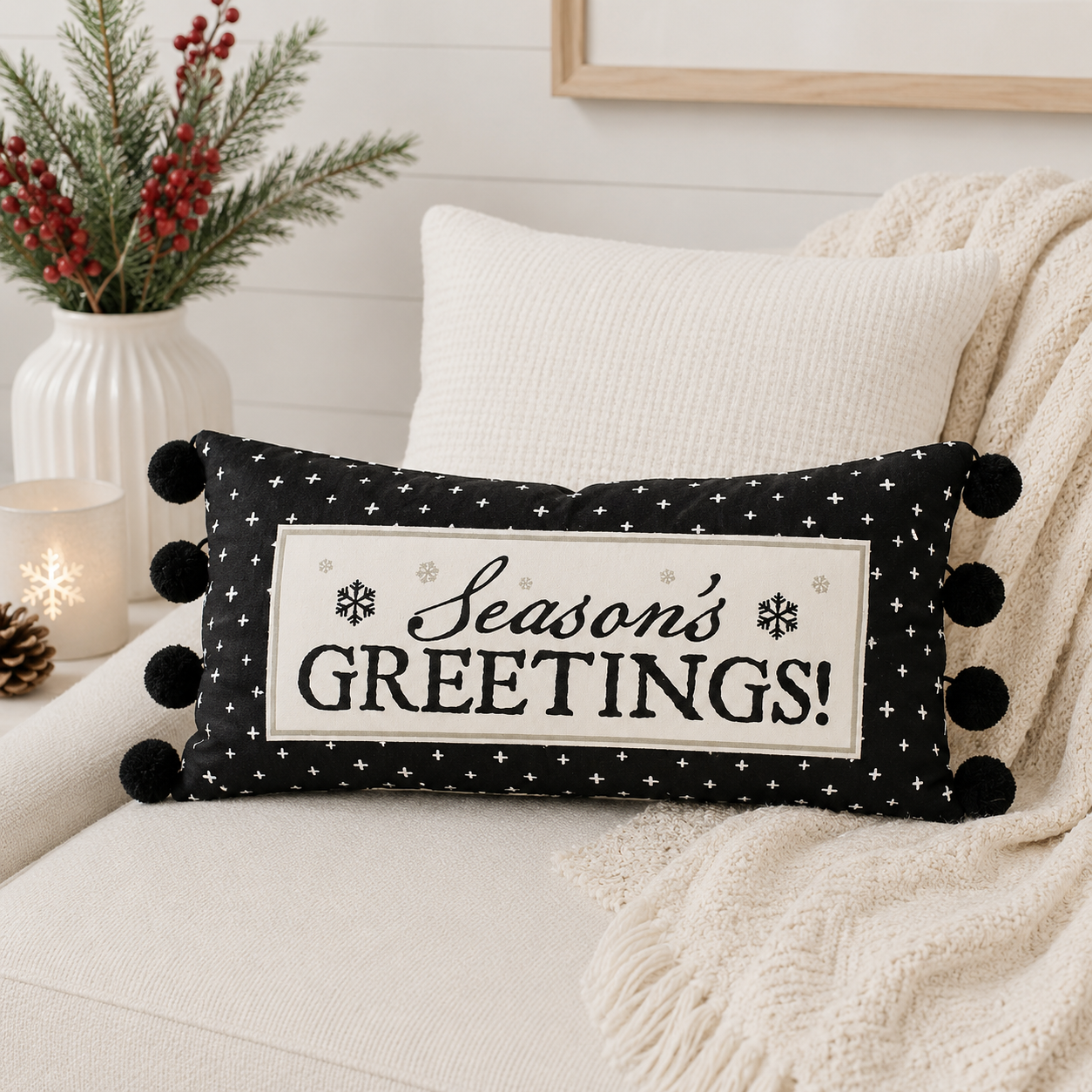 20" x 10" Reversible Linen Pillow - Screamings and Greetings | Black, White and Gray