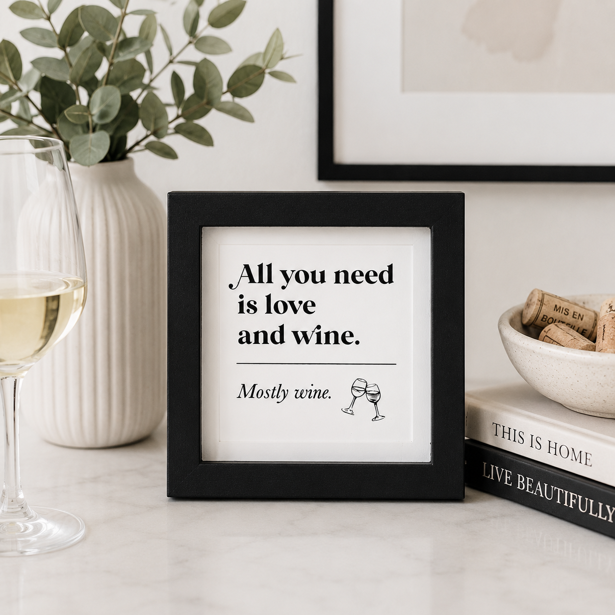 8" Reversible Wood Frame Sign - Love and Wine/Chocolate | White and Black