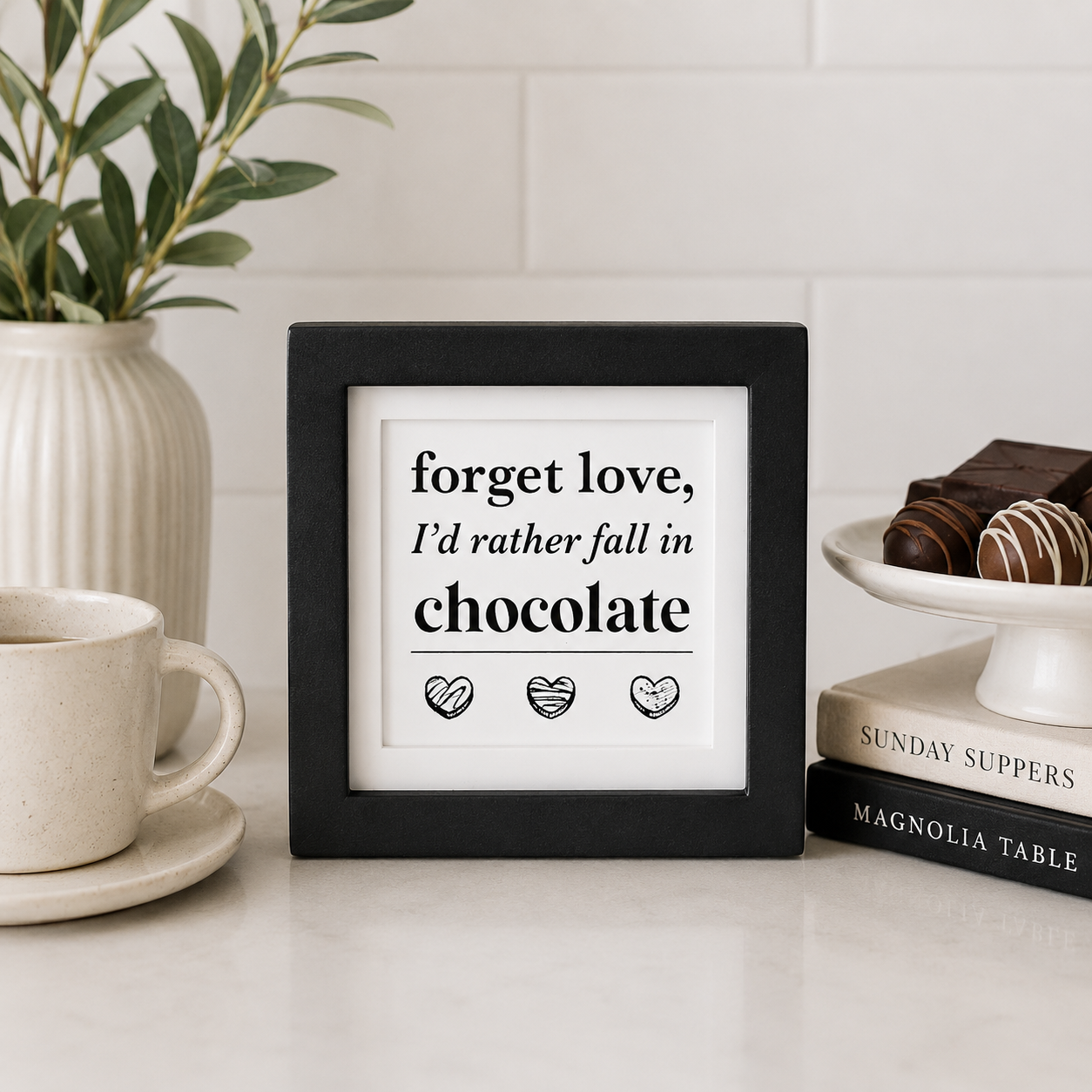 8" Reversible Wood Frame Sign - Love and Wine/Chocolate | White and Black