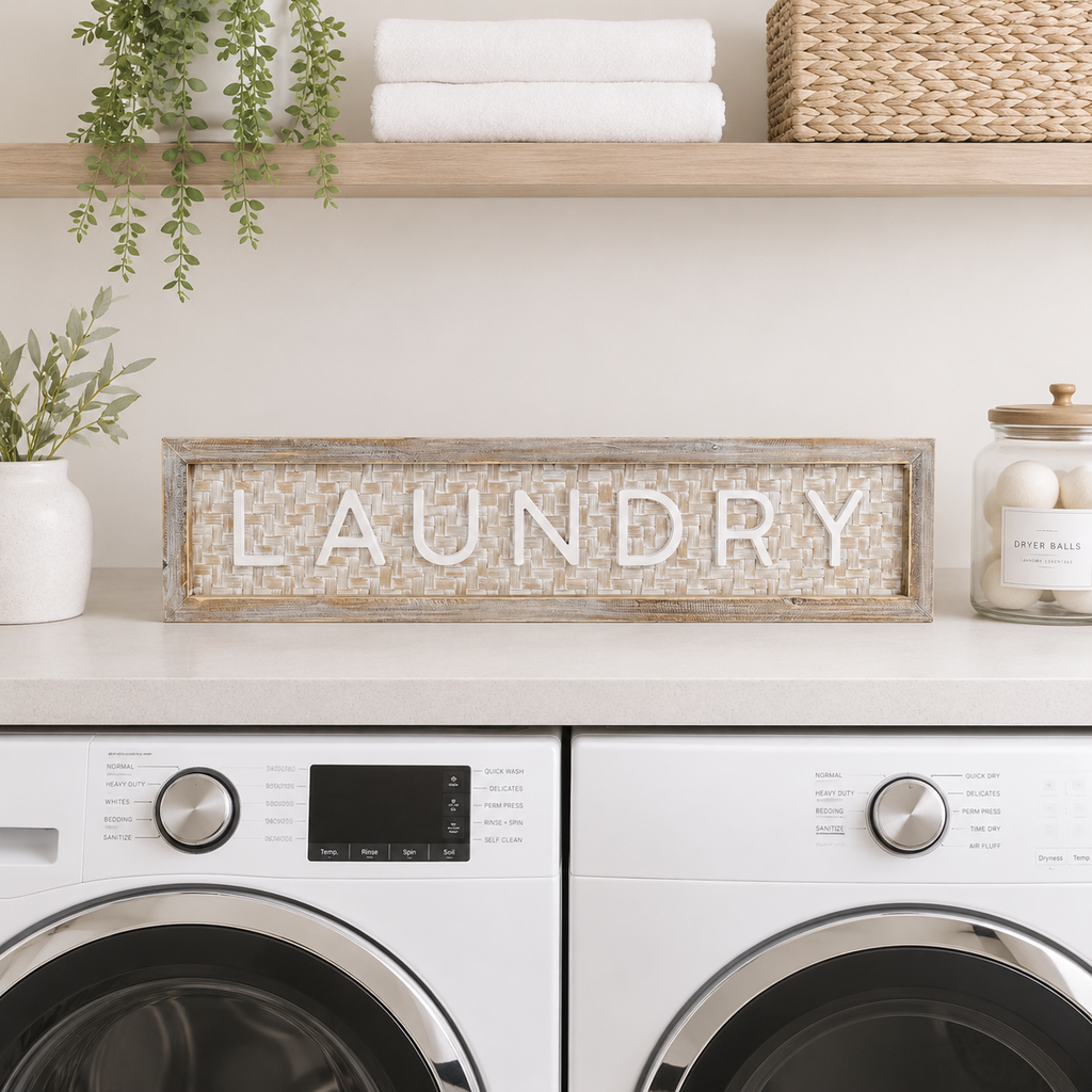 37" x 9" Bamboo Wood Framed Sign - Laundry | Natural and White