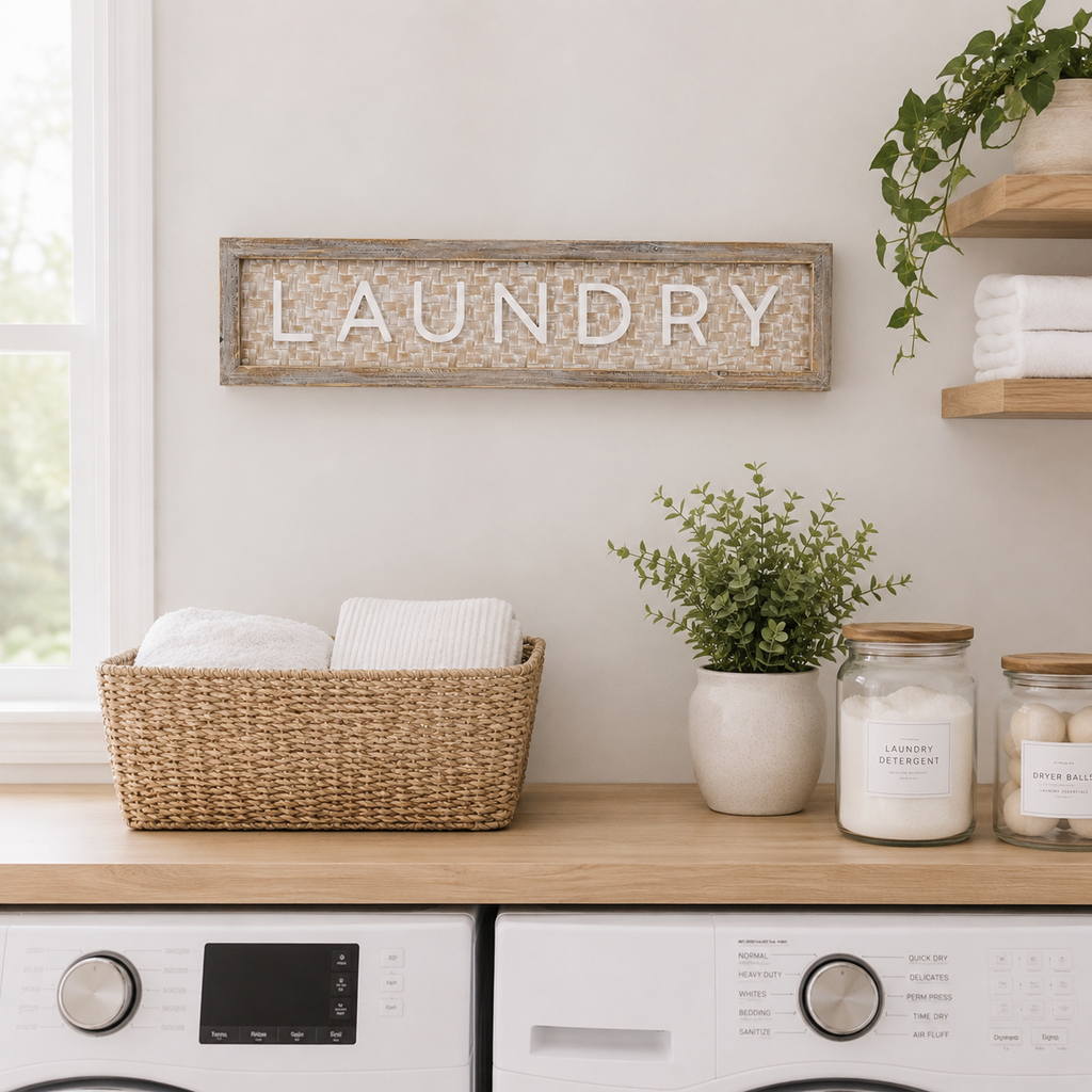 37" x 9" Bamboo Wood Framed Sign - Laundry | Natural and White
