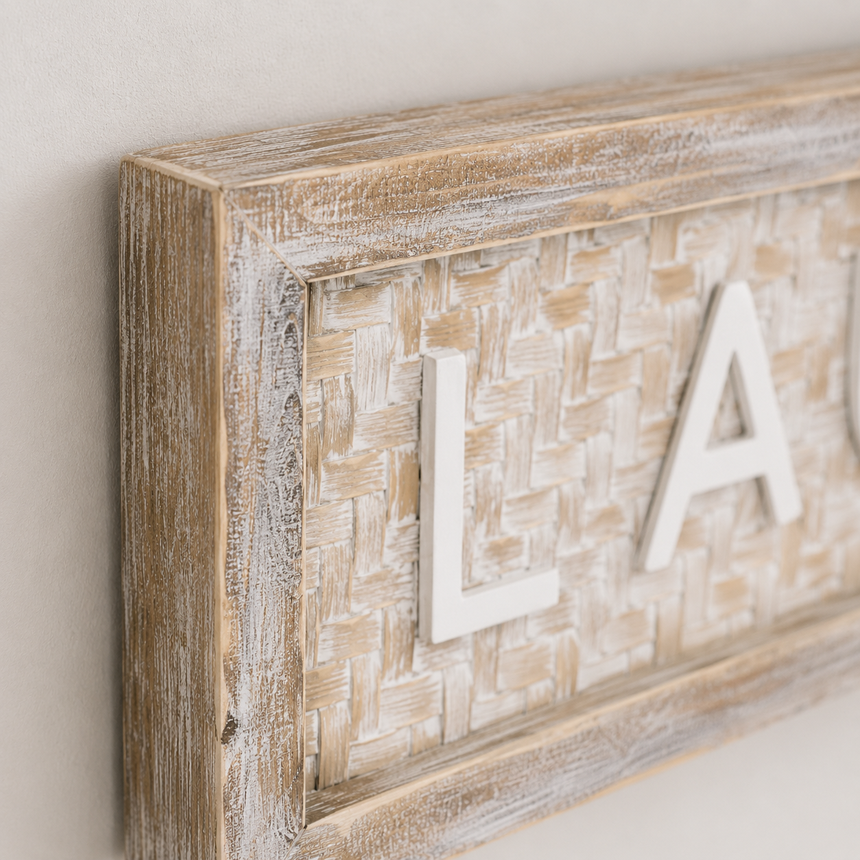 37" x 9" Bamboo Wood Framed Sign - Laundry | Natural and White