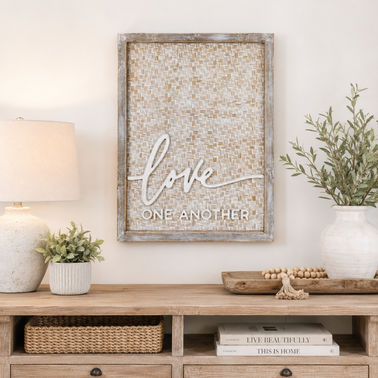 24" x 32" Bamboo Wood Framed Sign - Love One Another | Natural and White