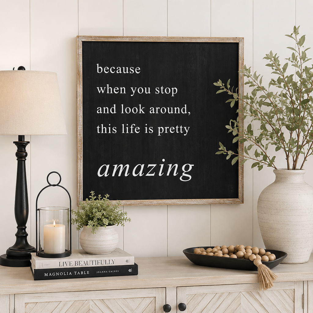 24" Reversible Wood Framed Sign - Life/Amazing | Black and White