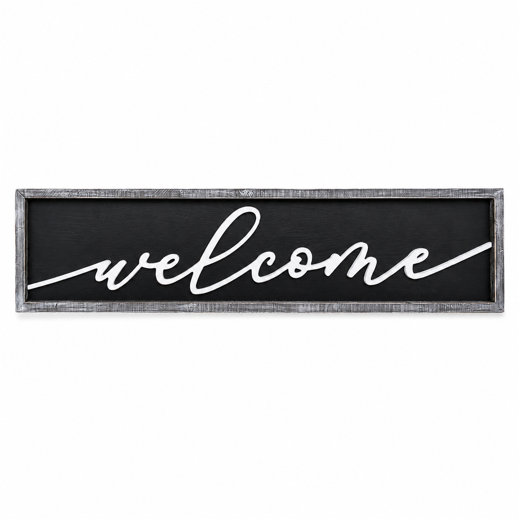 37" x 9" Reversible Wood Framed Sign - Welcome | White, Black and Gray