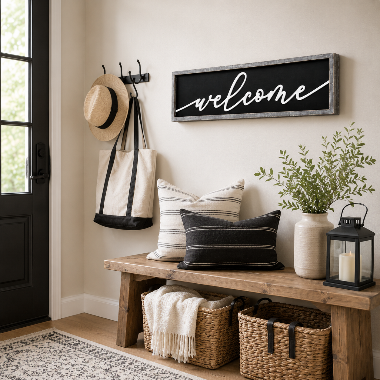 37" x 9" Reversible Wood Framed Sign - Welcome | White, Black and Gray
