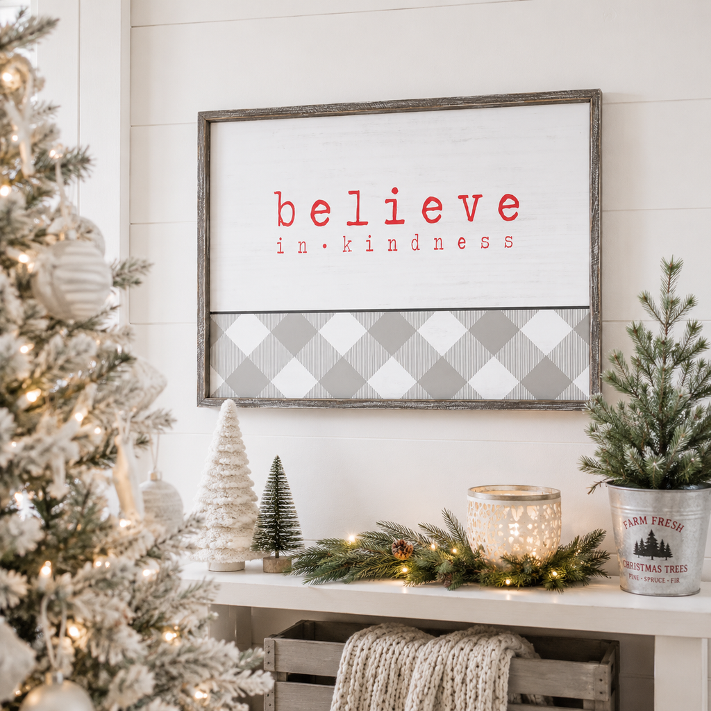 32" x 24" Wood Framed Sign - Believe In Kindness | White, Red and Gray
