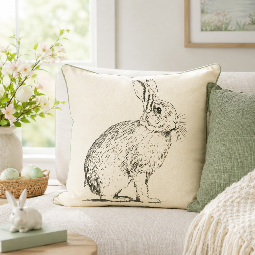 17" Reversible Pillow - Rabbit and Check | Multicolor