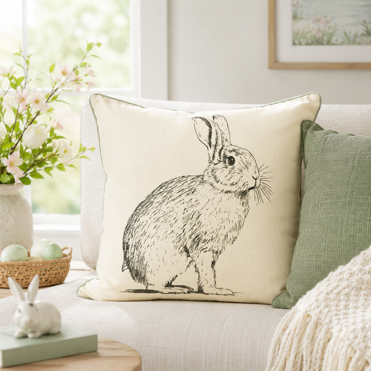 17" Reversible Pillow - Rabbit and Check | Multicolor