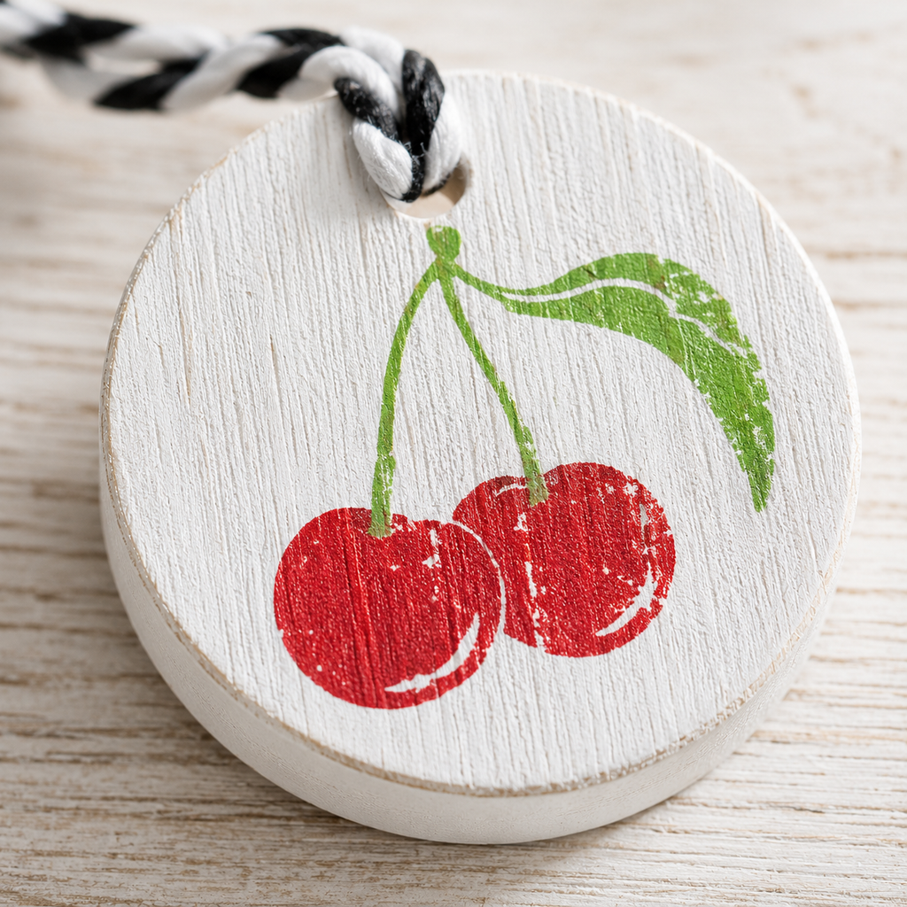 Colorful cherry wood napkin ring styled with a cloth napkin.