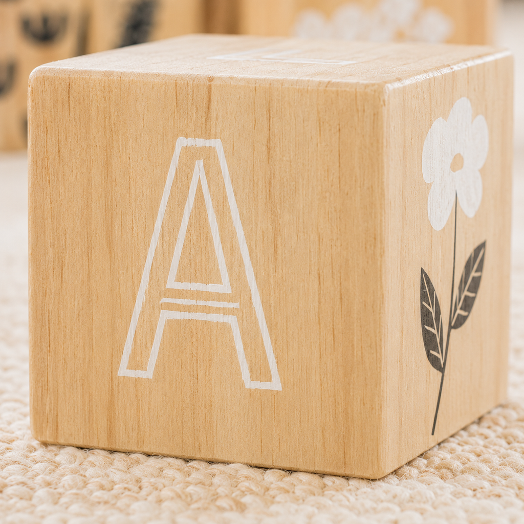 Set of 26 multicolor wood alphabet blocks.