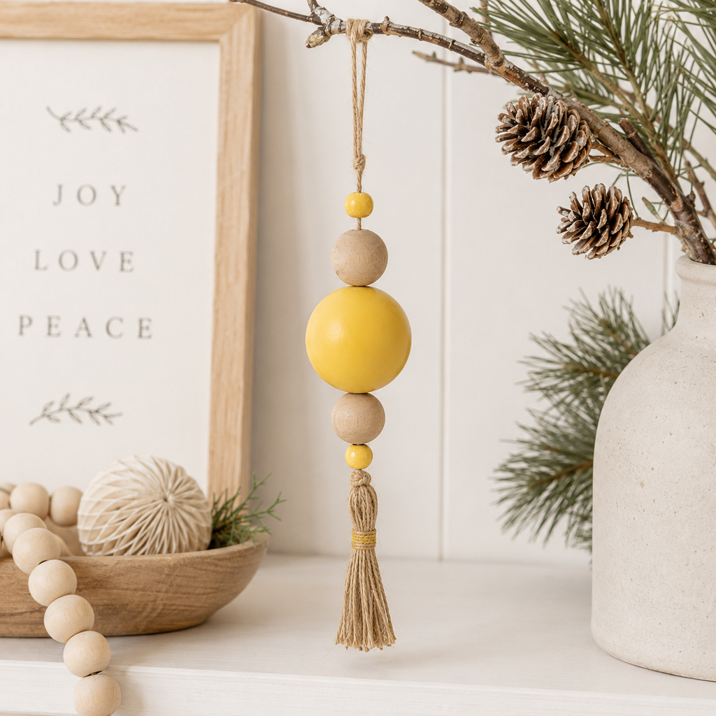 Alternate view of 8" wood ornament with tassel - beads for seasonal home decorating
