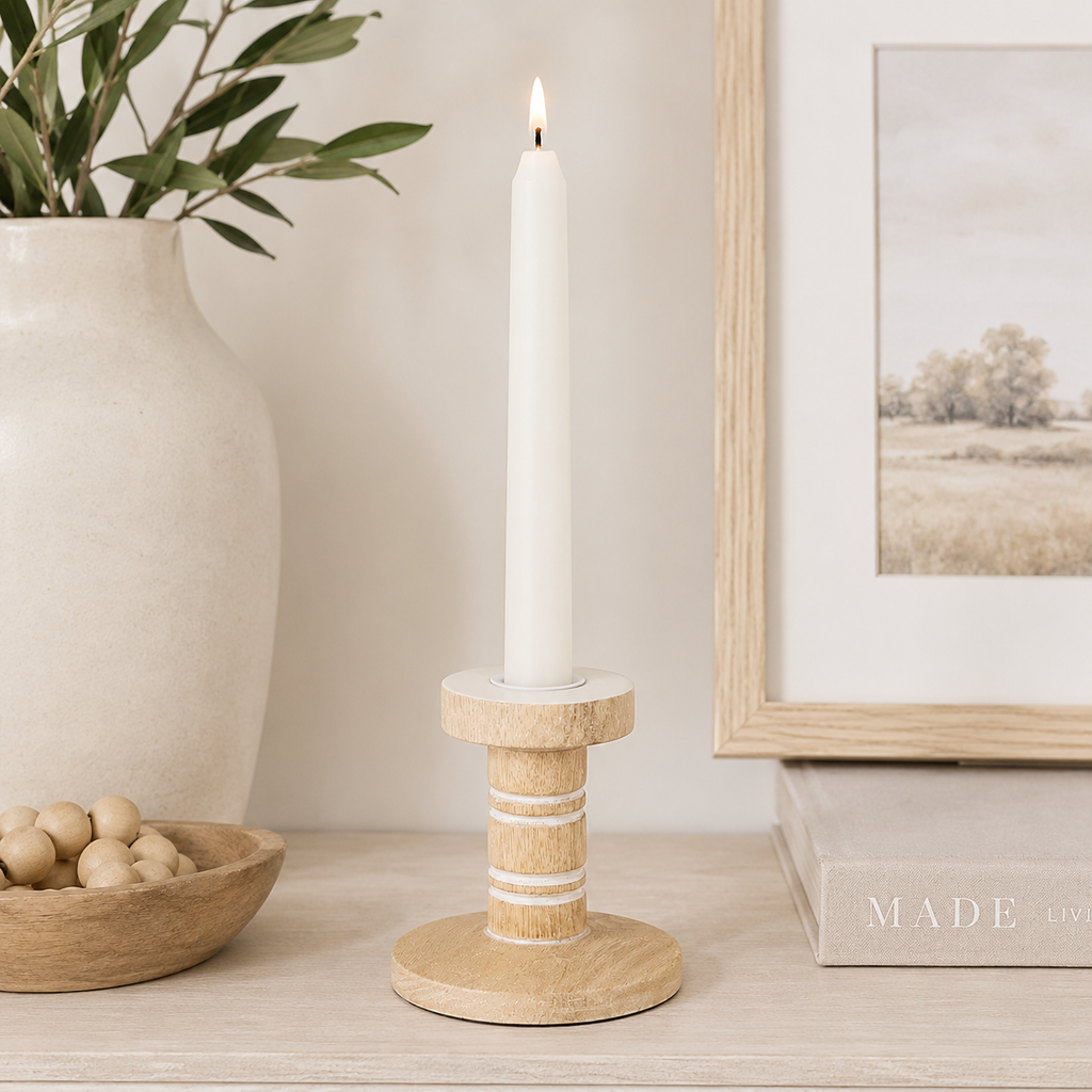 Small natural and white mango wood candle holder