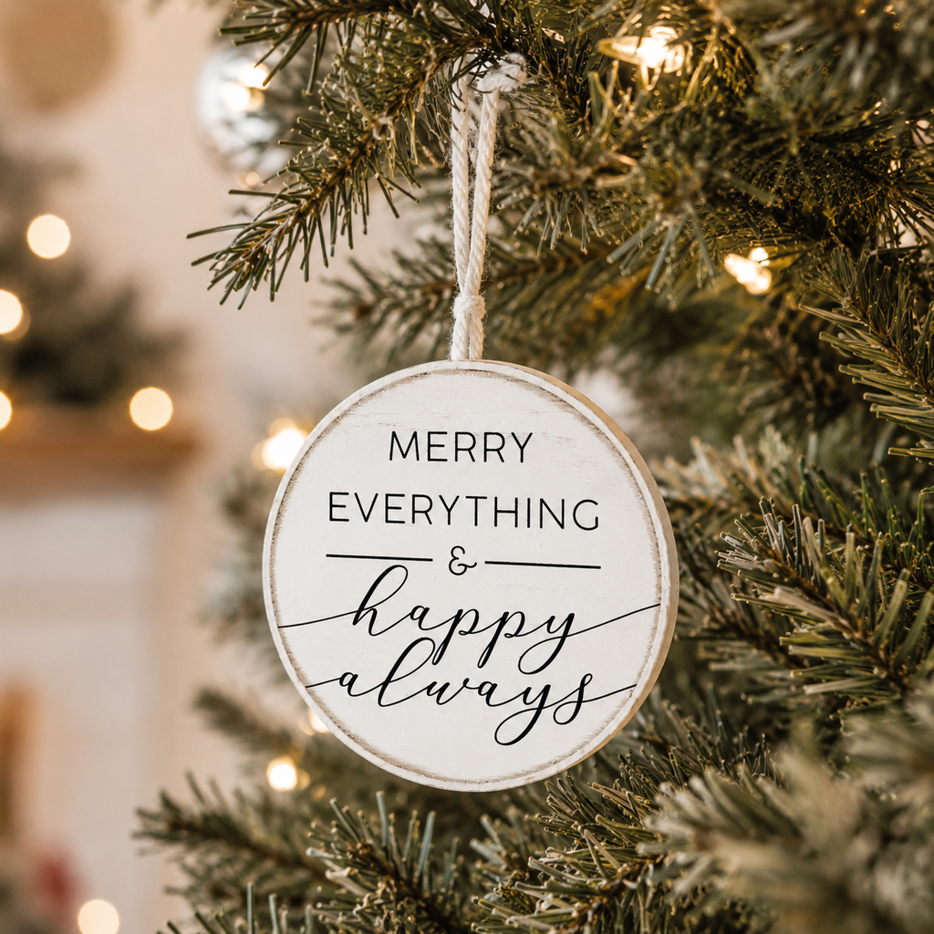 5" Round Wood Ornament - Merry and Happy | White and Black