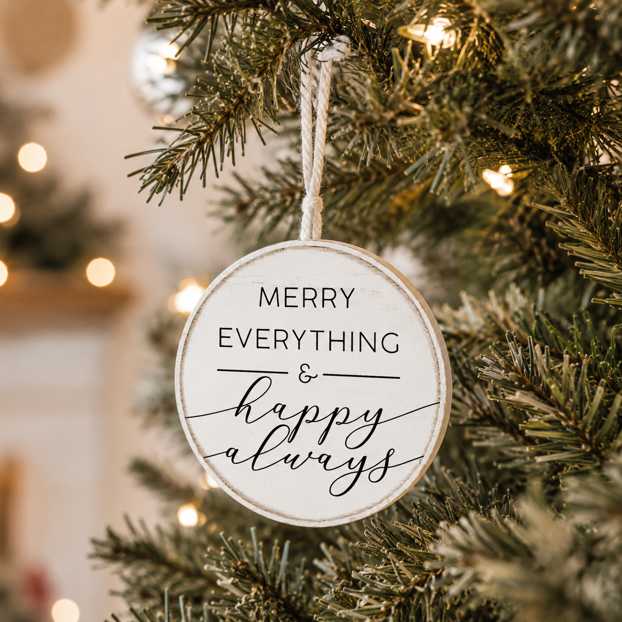 5" Round Wood Ornament - Merry and Happy | White and Black