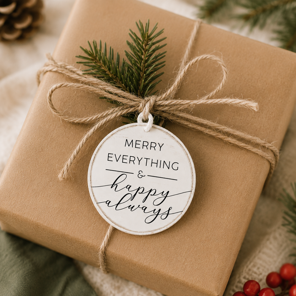 5" Round Wood Ornament - Merry and Happy | White and Black