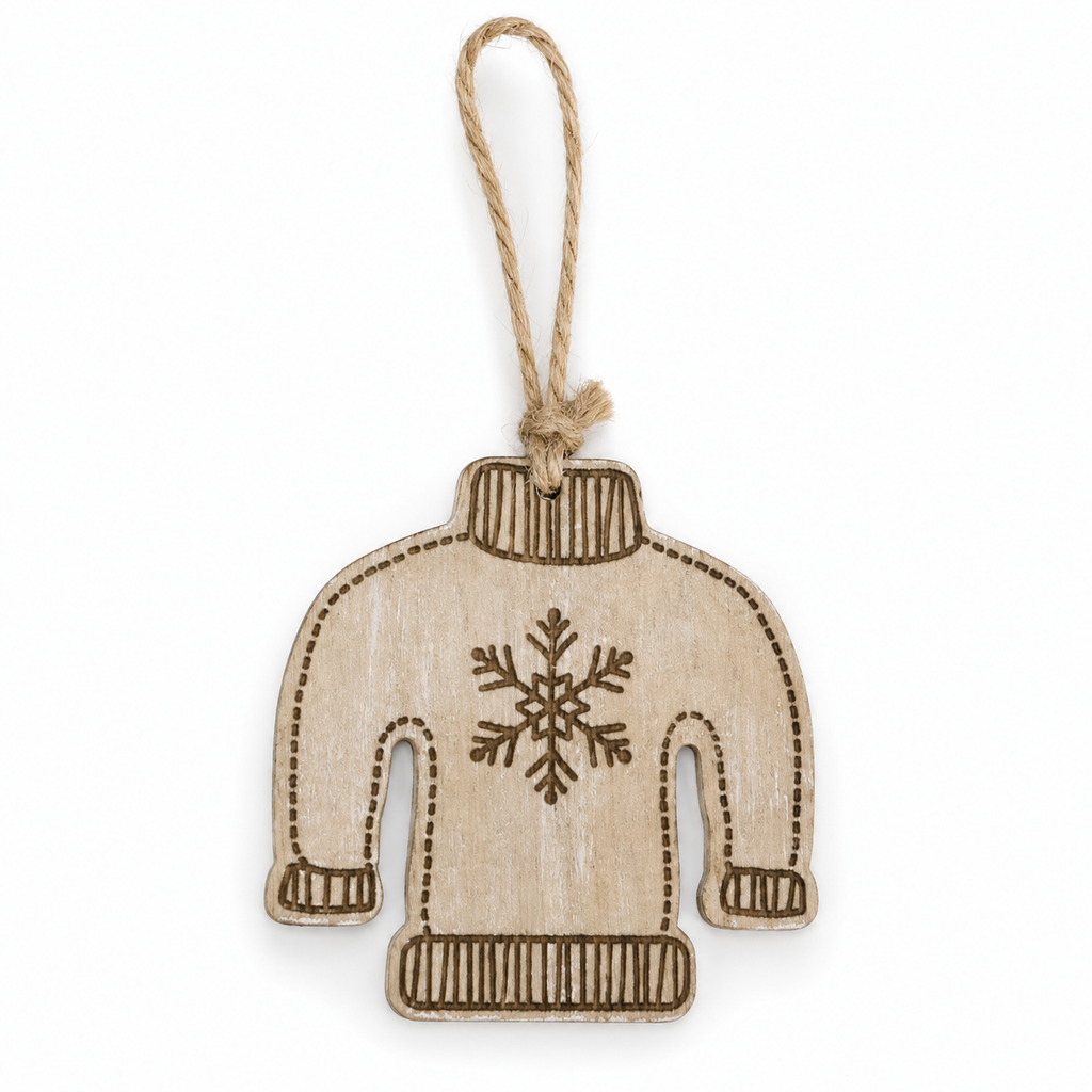 4" Wood Ornament - Sweater | Natural, White and Black