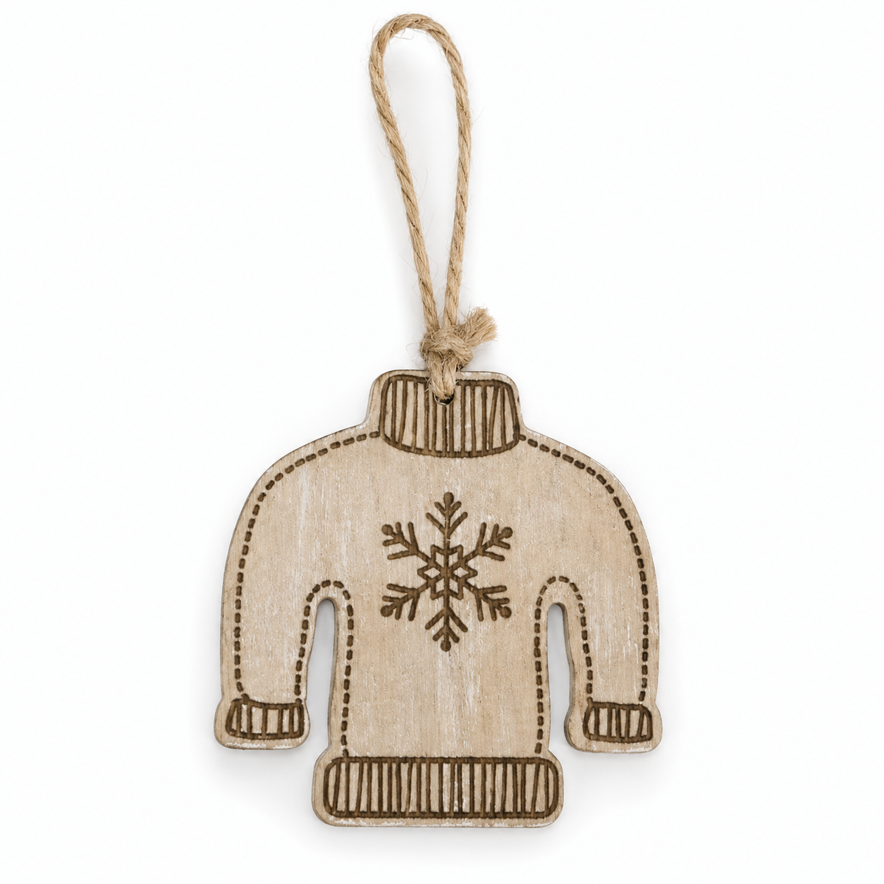 4" Wood Ornament - Sweater | Natural, White and Black