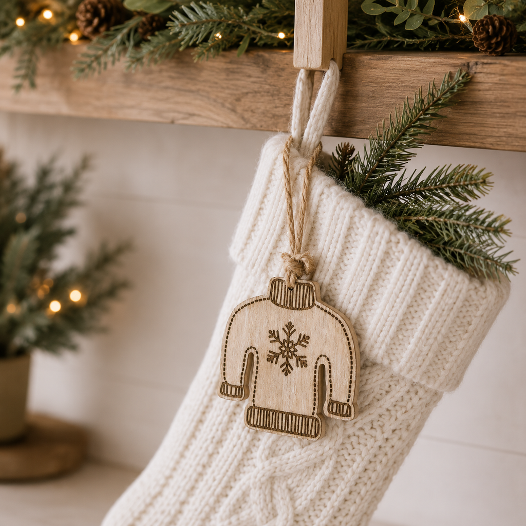 4" Wood Ornament - Sweater | Natural, White and Black