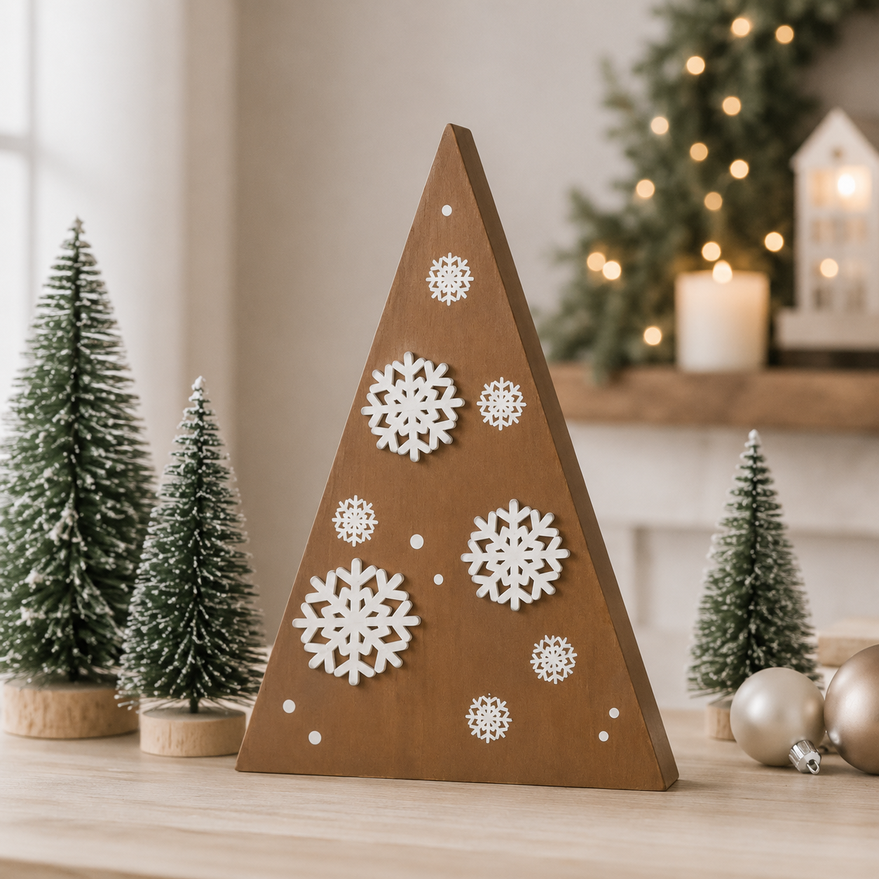 12" Reversible Chunky Wood Tree - Snowflake | White and Brown