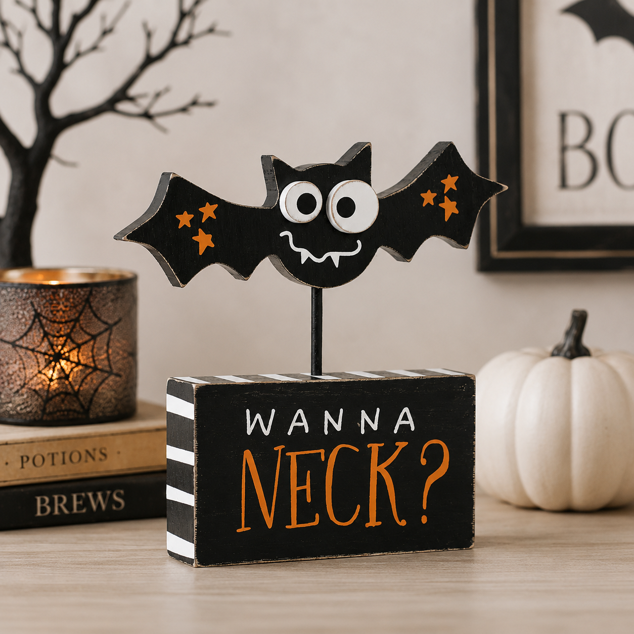 7" Wood Bat on Stand - Neck | Multicolor | Pumpkins and Sweets Collection