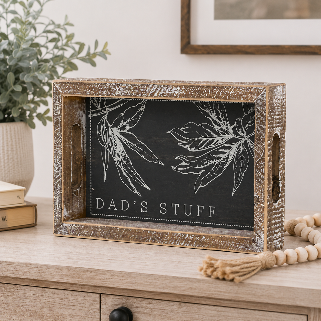 10" x 6" Wood Tray - Dad's Stuff | Gray and White