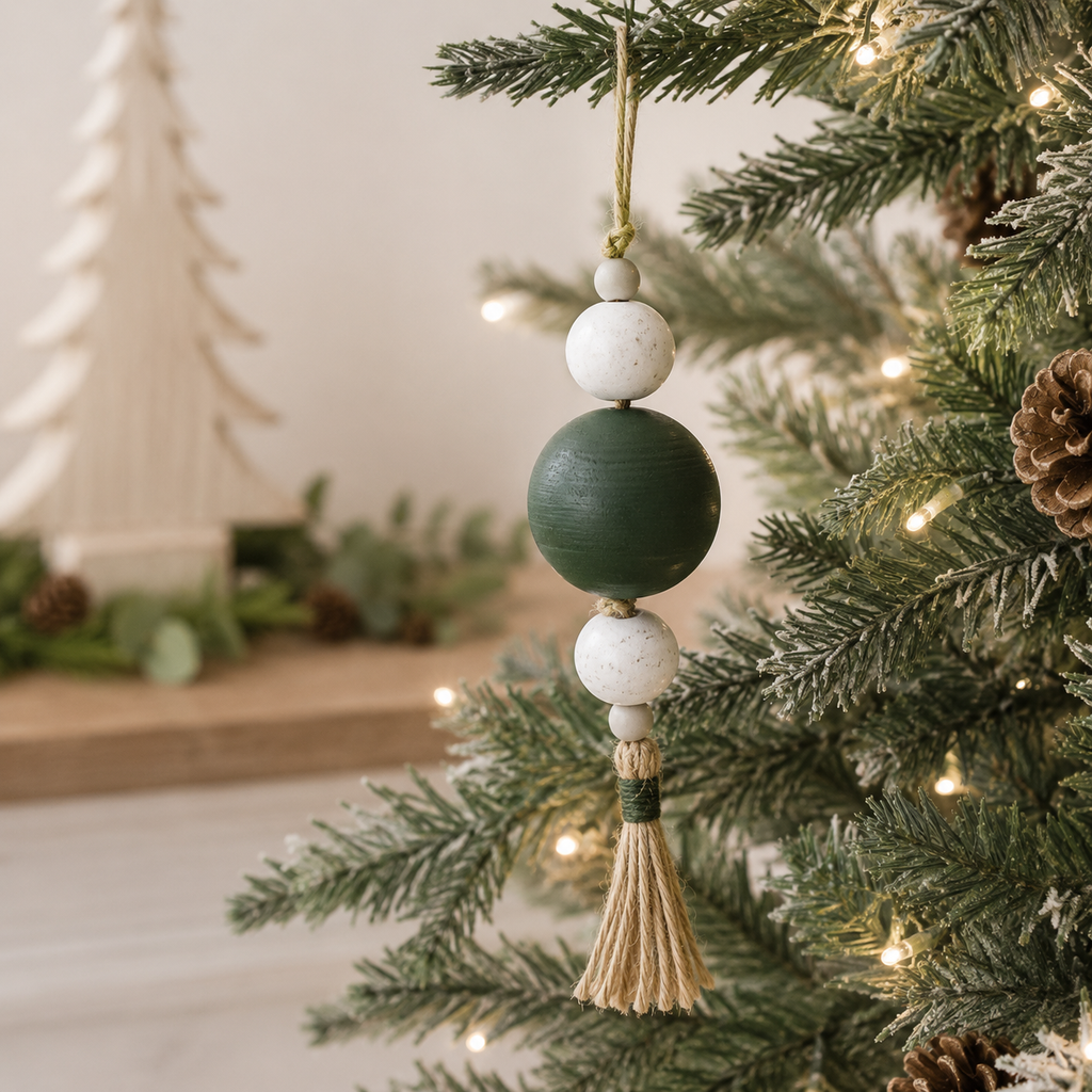 8" Wood Ornament with Tassel and Beads - White, Green and Gray