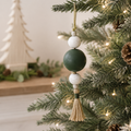 8" Wood Ornament with Tassel and Beads - White, Green and Gray