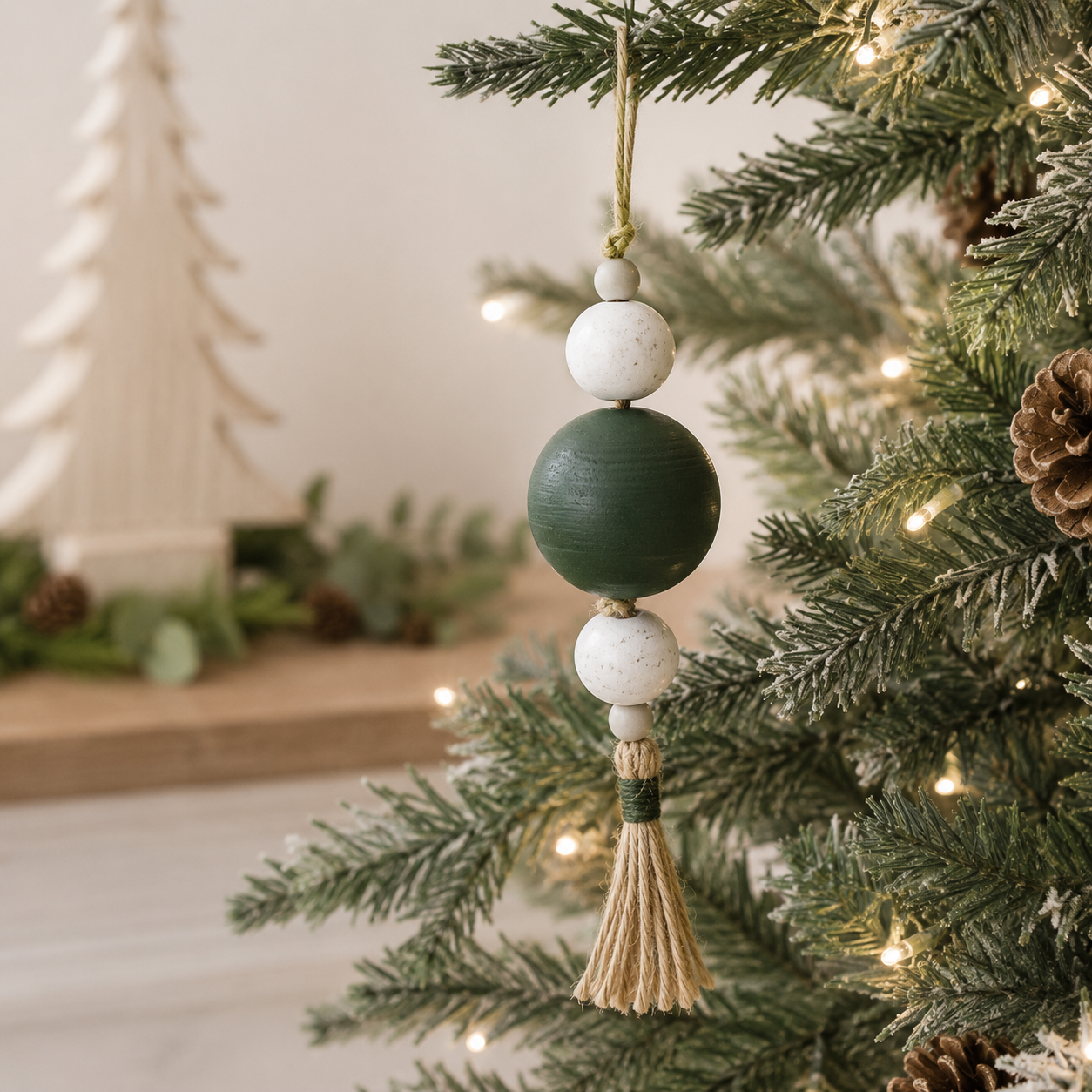 8" Wood Ornament with Tassel and Beads - White, Green and Gray