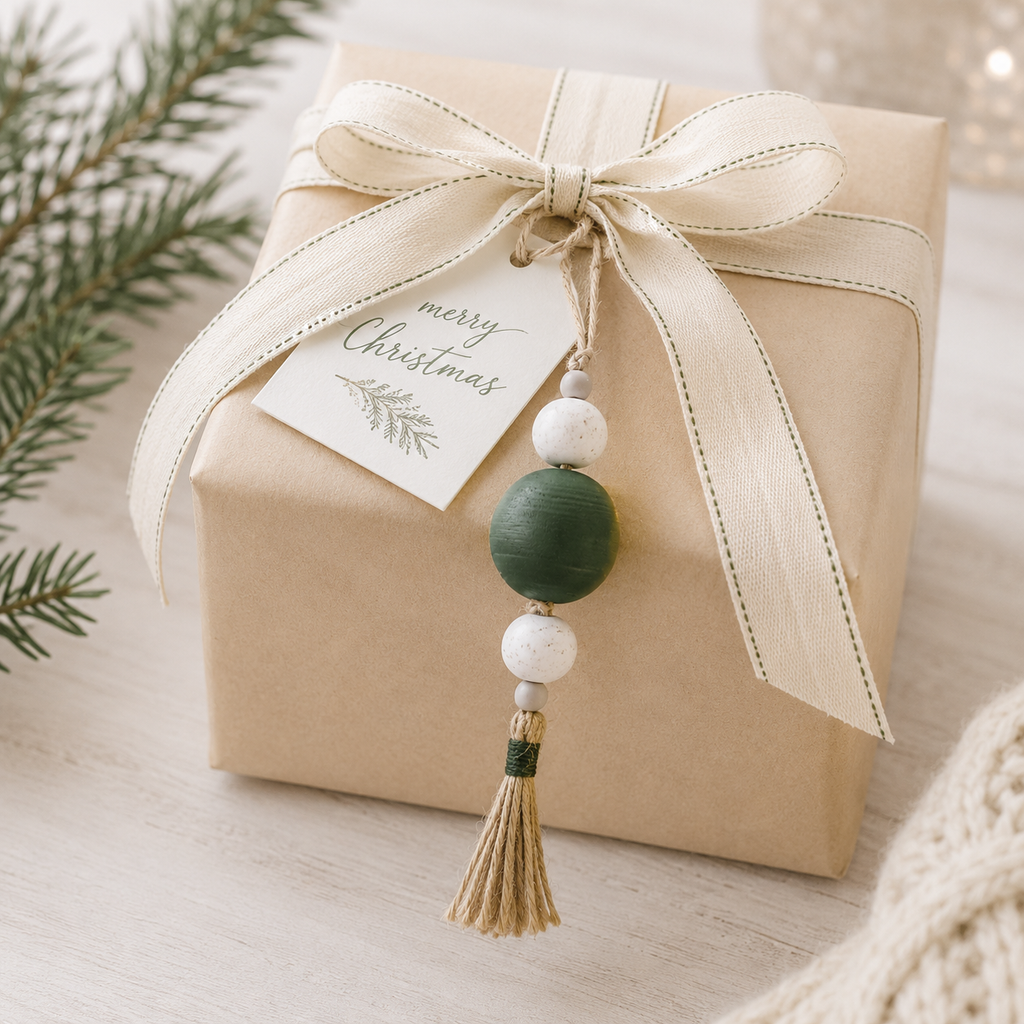 8" Wood Ornament with Tassel and Beads - White, Green and Gray