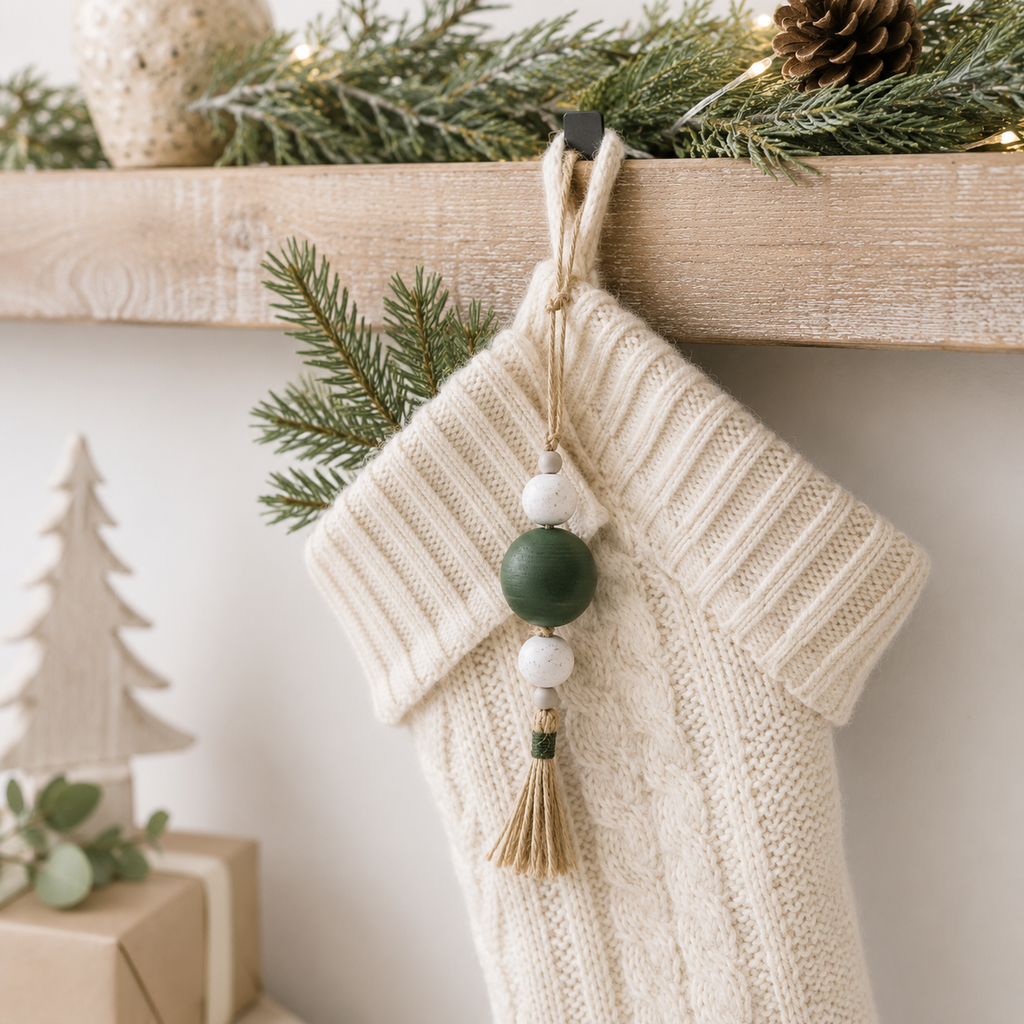 8" Wood Ornament with Tassel and Beads - White, Green and Gray