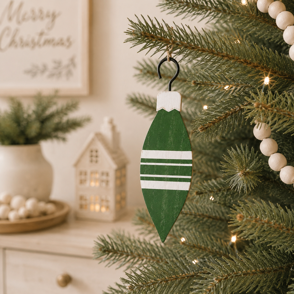 6" Double-Sided Wood Teardrop Ornament - White and Green