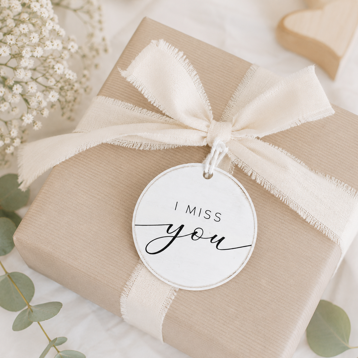 5" Round Wood Ornament - I Miss You | White and Black