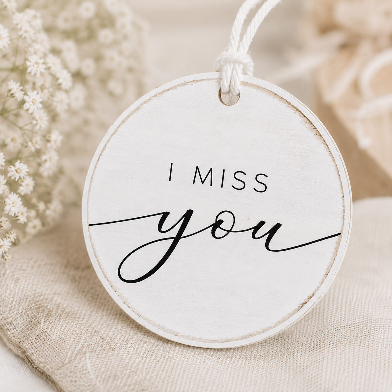 5" Round Wood Ornament - I Miss You | White and Black