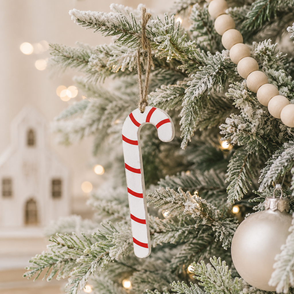 7" Double-Sided Wood Ornament - Candy Cane | White and Red