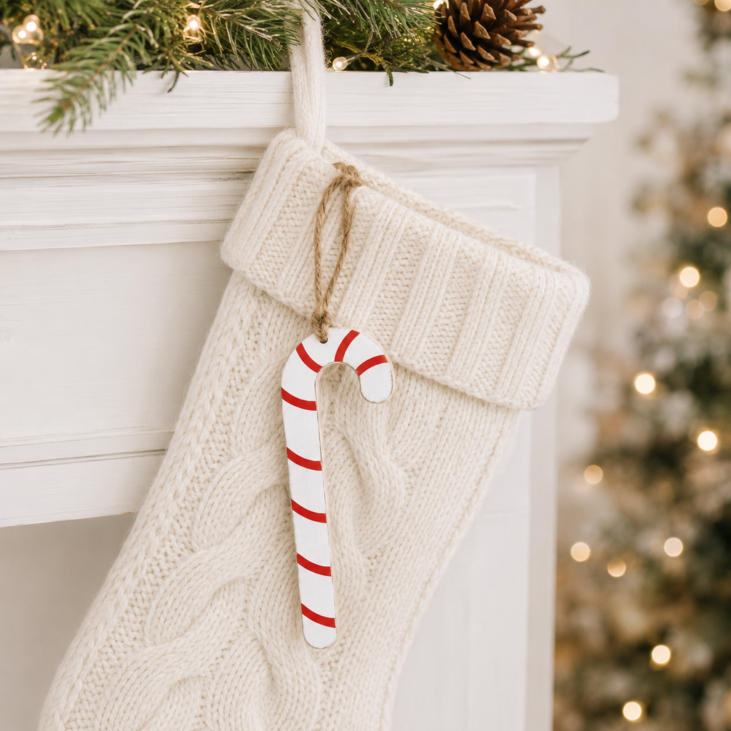 7" Double-Sided Wood Ornament - Candy Cane | White and Red