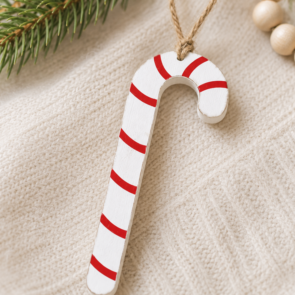 7" Double-Sided Wood Ornament - Candy Cane | White and Red